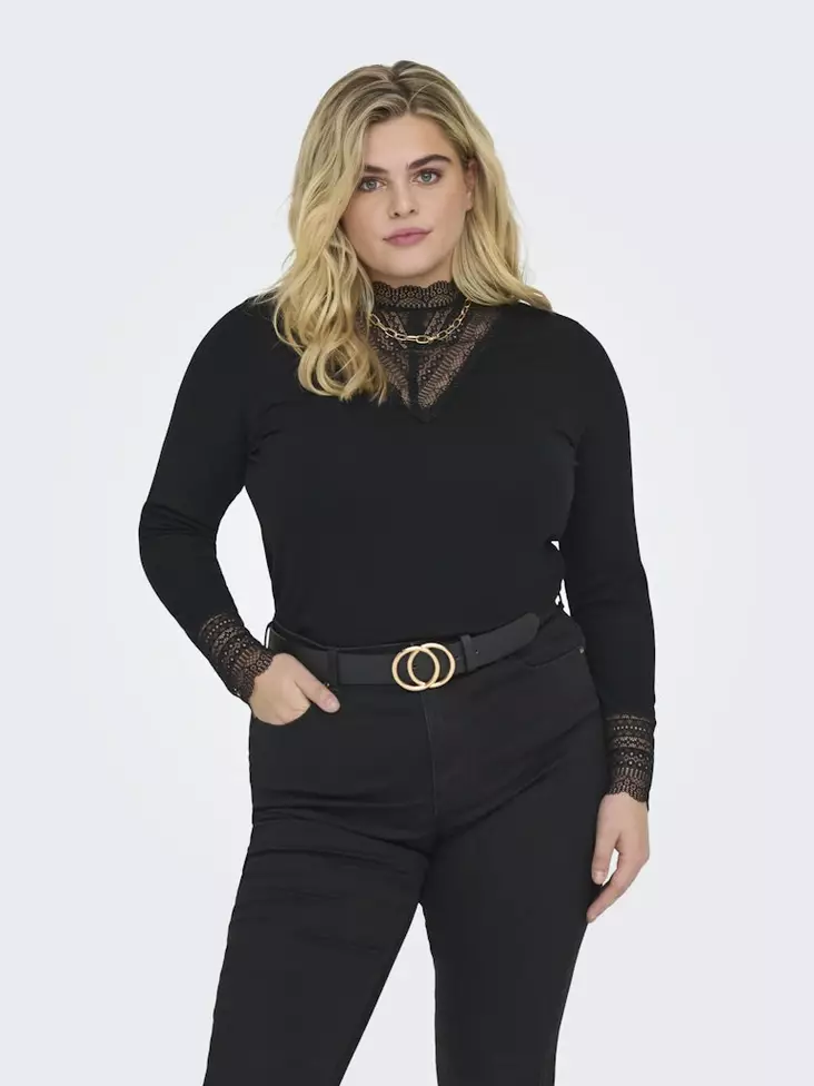 Only Carmakoma plus size ribbed shirt Rib Lace black - Women's long sleeved shirts - 137610 - 1