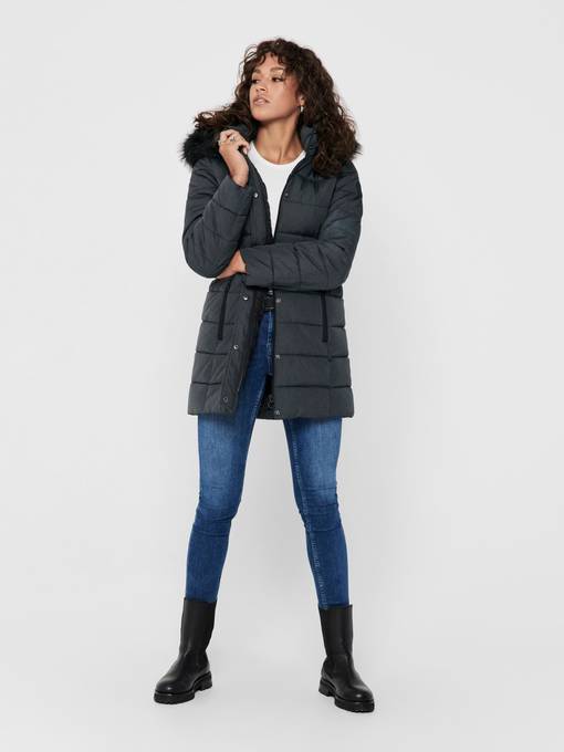 Only Winter Coat Luna Quilted Dark, Grey Padded Winter Coat Womens
