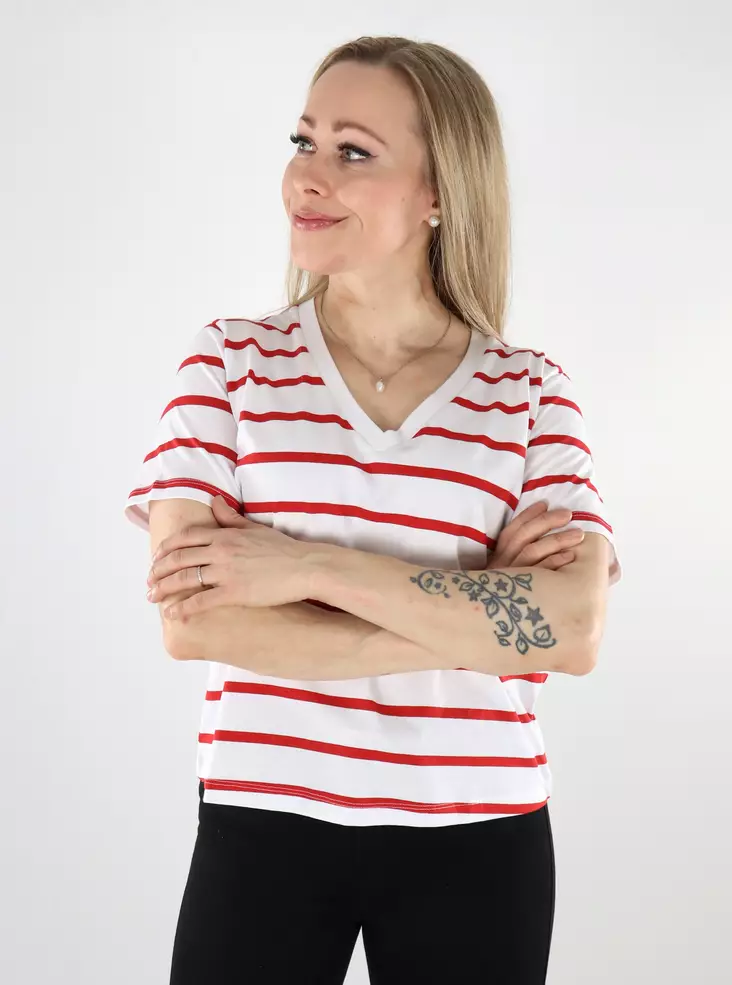 JJXX Women's Striped T-Shirt V-Neck bright white/racing red - Women's T-shirts - 137801 - 1