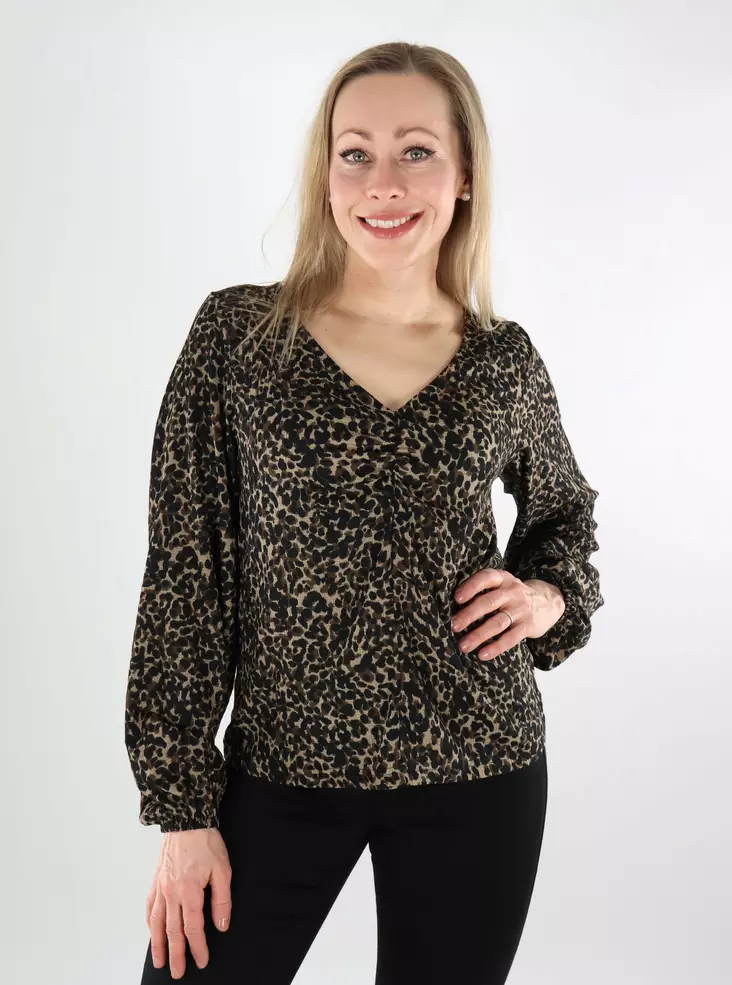 JDY Women's Stretch Shirt V-Neck savannah tan/leo - Women's long sleeved shirts - 137962 - 1