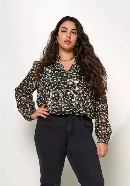 Only Carmakoma women's plus size shirt V-Neck black/lurex - Women's long sleeved shirts - 137523 - 1