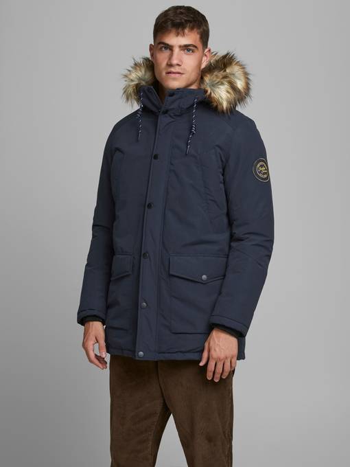 men's blue parka fur hood