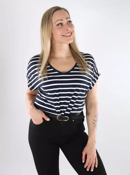 Only Women's Striped T-Shirt Moster V-Neck night sky/cloud dancer - Women's tank tops - 138337 - 1