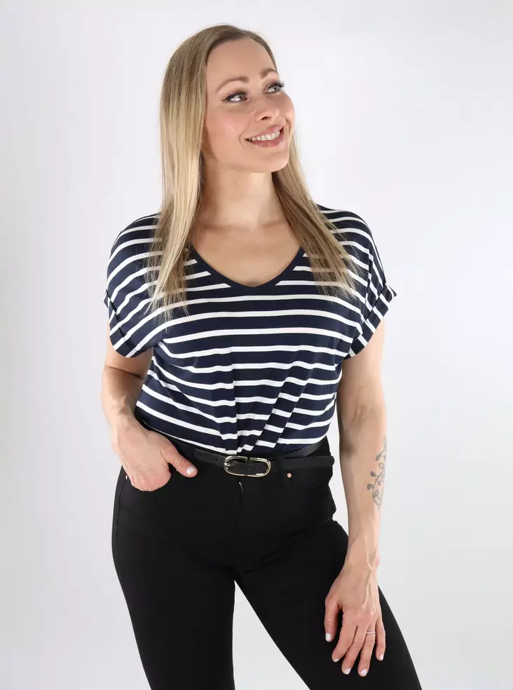 Only Women's Striped T-Shirt Moster V-Neck night sky/cloud dancer - Women's tank tops - 138337 - 1