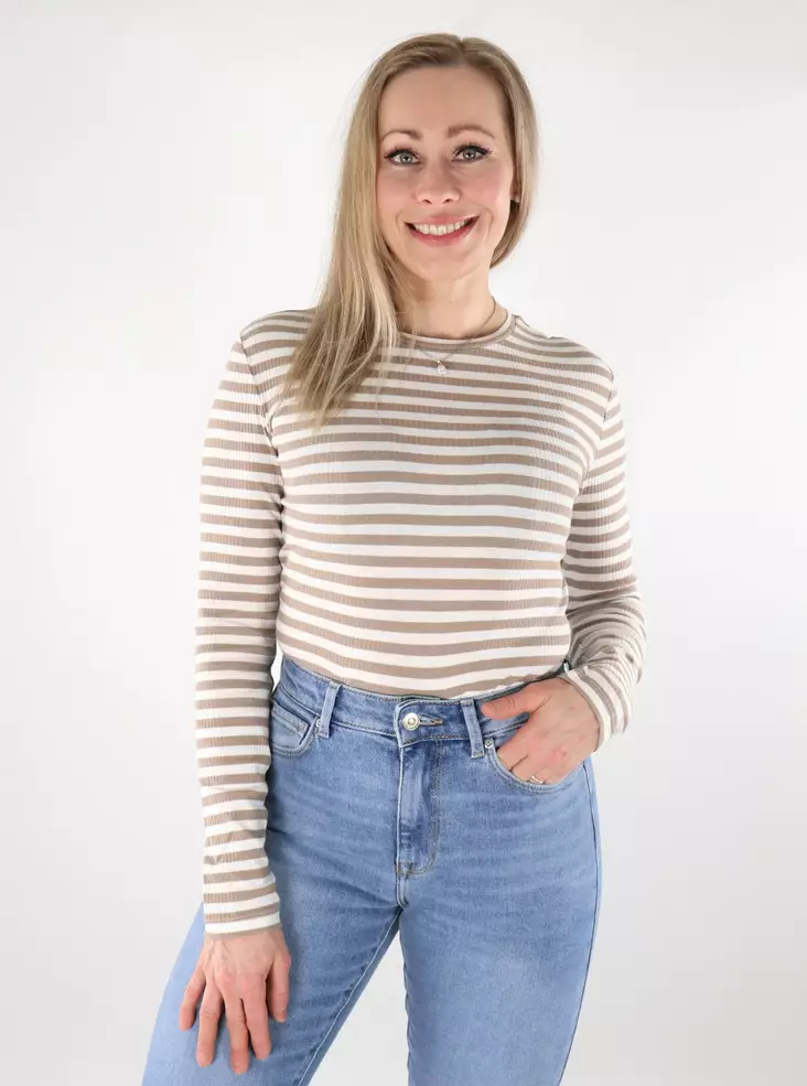 Pieces women's striped ribbed shirt Ruka silver mink/cloud dancer - Women's long sleeved shirts - 137688 - 1