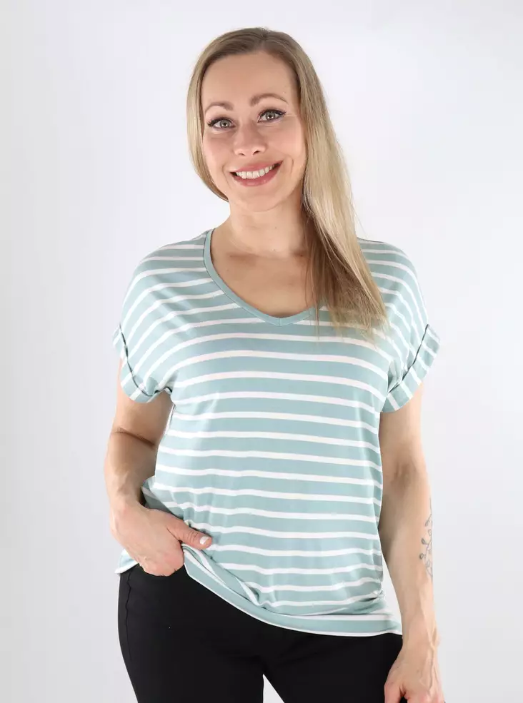 Only women's striped t-shirt ONLMOSTER V-Neck gray mist/cloud dancer - Women's T-shirts - 138339 - 1